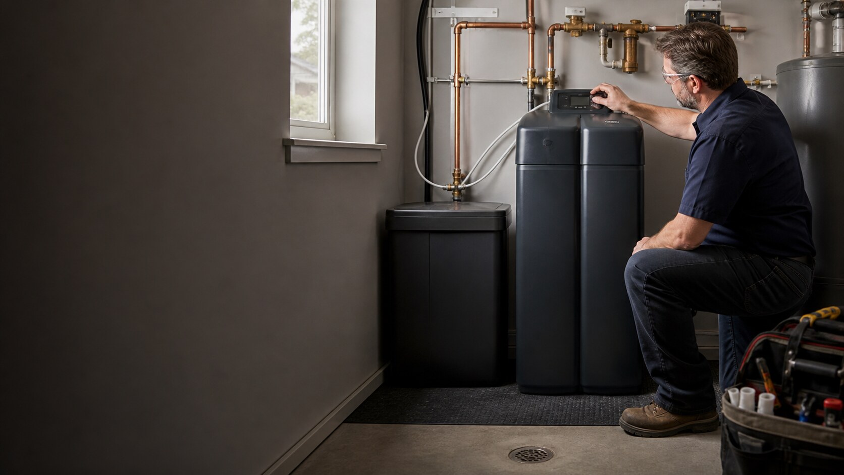 Modern residential water softener with clean copper and PEX plumbing